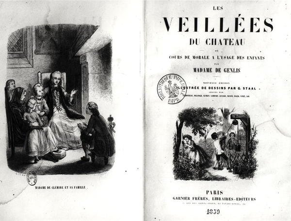 Frontispice af Les Veilles du Chateau ou Cours de Morale a lUsage des Enfants af Madame de Genlis (1746-1830) udgivet i 1859 af Pierre Gustave Eugene 1817 82 after Staal