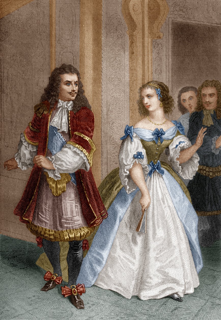 Karakterer fra Misantropen af Moliere: Alceste, Celimene, Eliante, Philinte, gravering af Delannoy, 1870 af Pierre Gustave Eugene 1817 82 after Staal