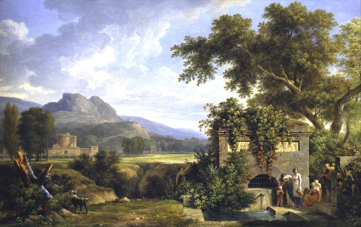 Klassisk landskab med figurer, der drikker ved et springvand af Pierre Henri de Valenciennes
