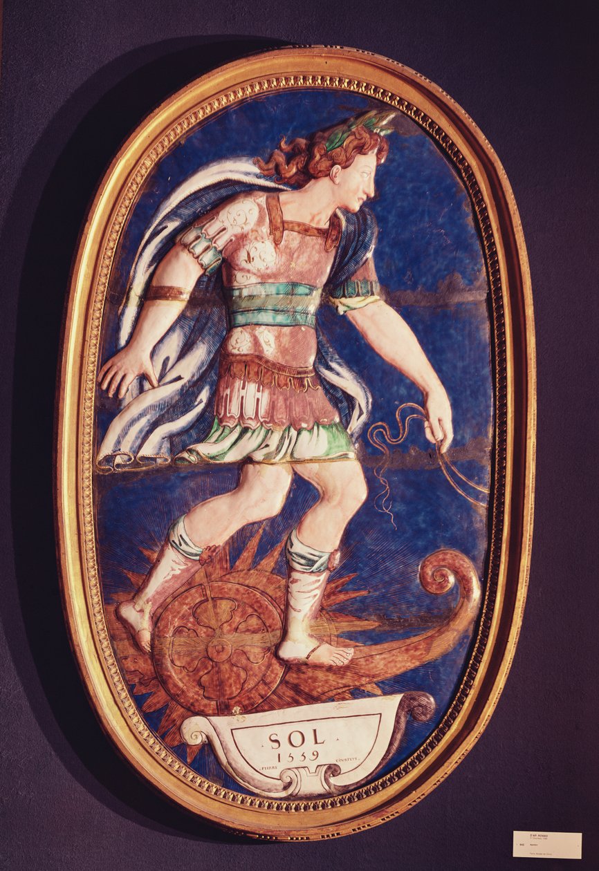 Plade, der forestiller Apollo, 1559 (malet emalje) af Pierre I Courteys