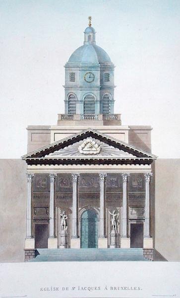 Church of St. Jacques, Bruxelles, fra udvalg af de mest fremragende monumenter, bygninger og huse i Kongeriget Nederlandene af Pierre Jacques Goetghebuer, udgivet 1827 (akvatinte) (se også 186059) af Pierre Jacques Goetghebuer