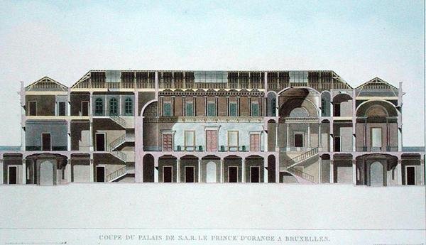 Tværsnit af Palace of the Prince of Orange, Bruxelles, fra udvalg af de mest fremragende monumenter, bygninger og huse i Kongeriget Nederlandene af Pierre Jacques Goetghebuer, udgivet 1827 (aq. af Pierre Jacques Goetghebuer