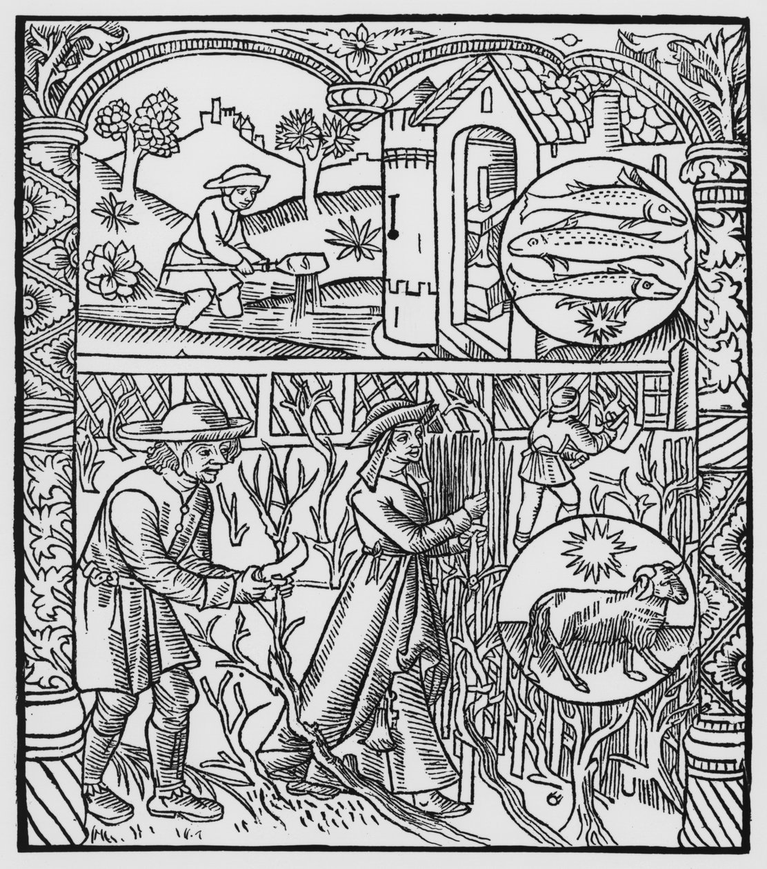 Marts, fiskeri og beskæring af træer, Fiskene, illustration fra 