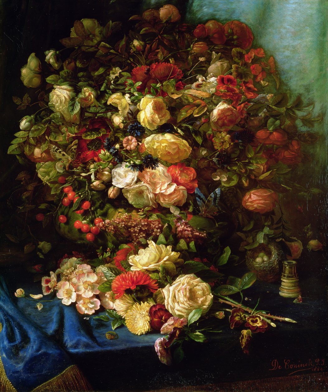 Stilleben af blomster på en afsats med fuglerede, 1884 af Pierre Louis de Coninck