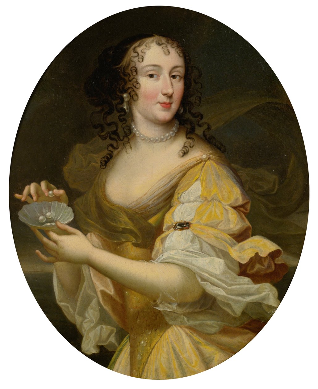 Portræt af en dame i allegorisk skikkelse, der holder et fad med perler. af Pierre Mignard