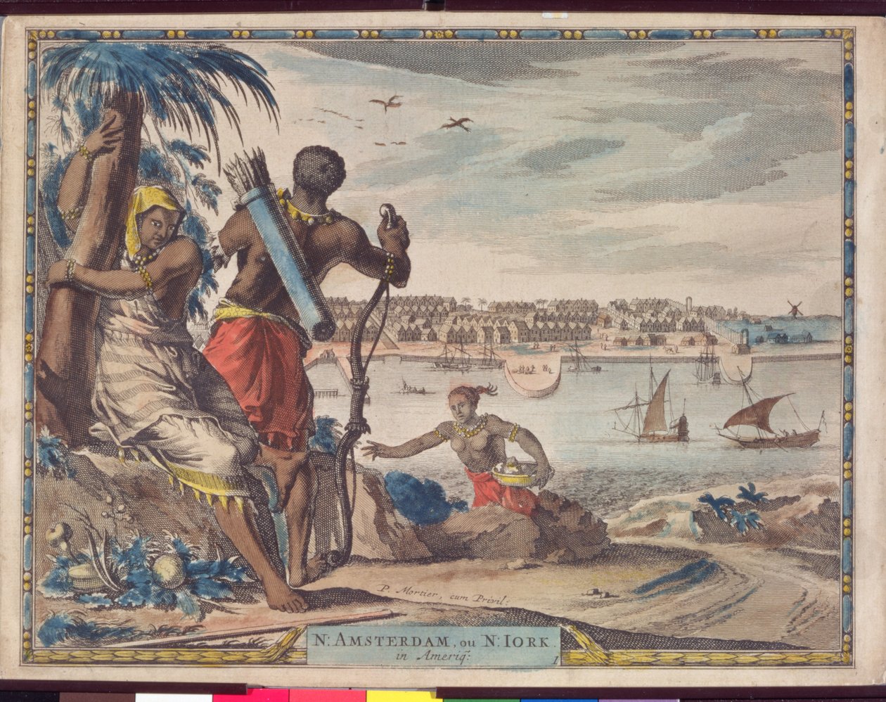 New Amsterdam eller New York i Amerika, ca. 1700 (vask af brunt blæk på papir) af Pierre Mortier