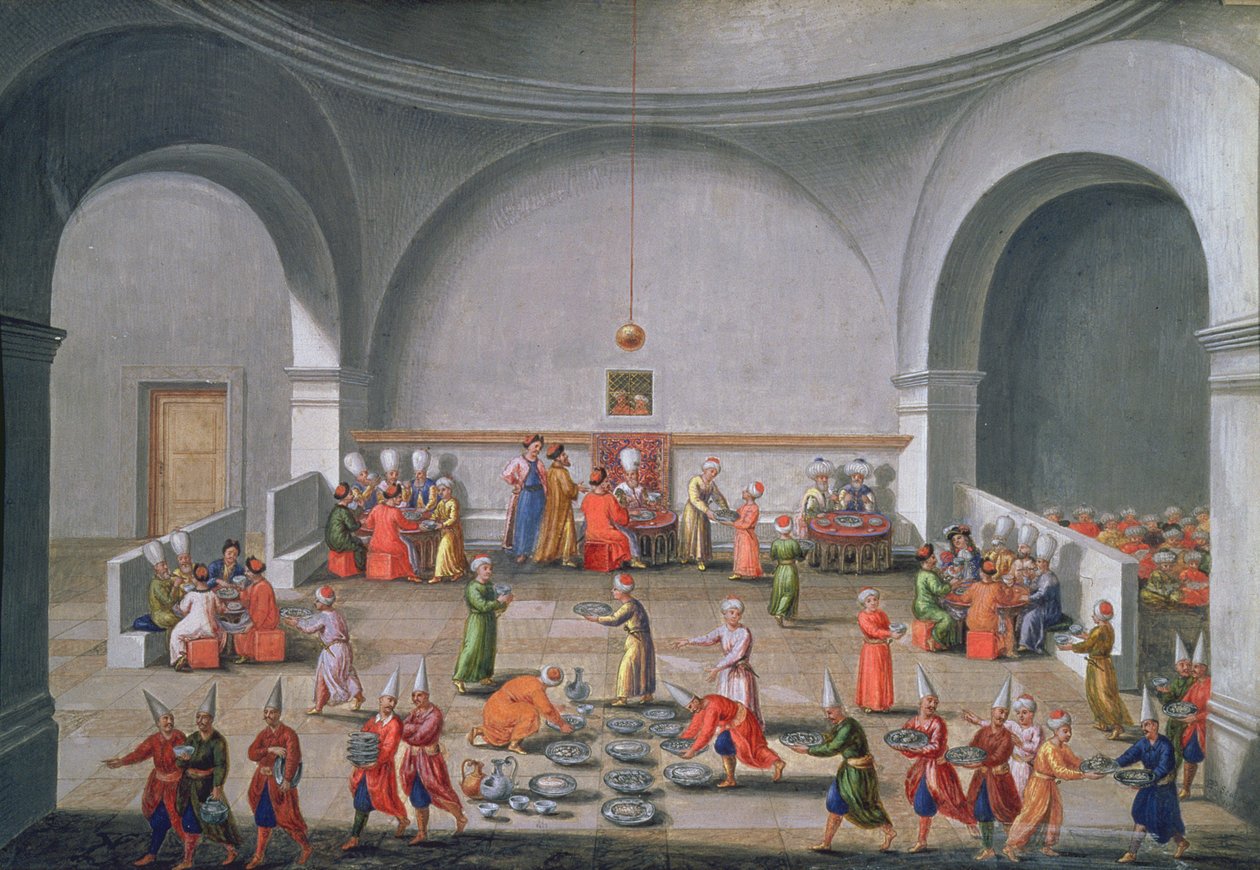 Jan Gninskis diplomatiske mission til Istanbul, middag til ære for den polske mission, 1679 (gouache med bladguld på papir) af Pierre Paul Sevin