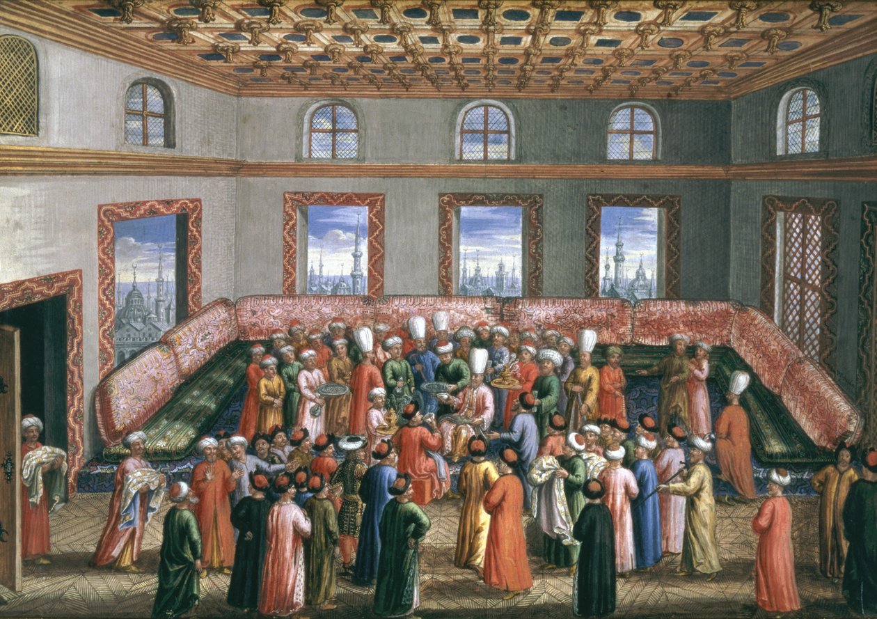 Jan Gninskis diplomatiske mission til Istanbul, afskedsreception for den polske udsending, 1679 (gouache med bladguld på papir) af Pierre Paul Sevin