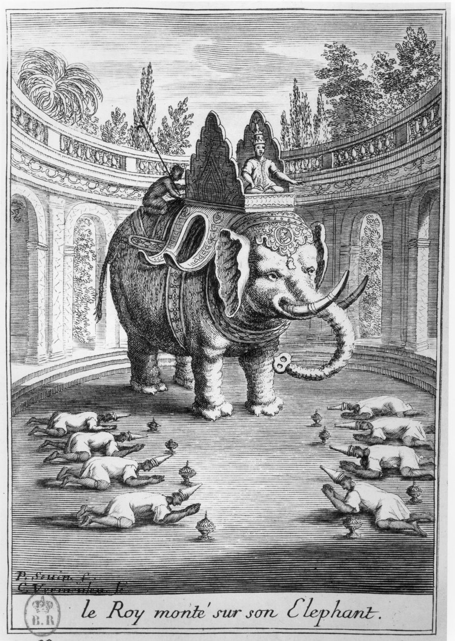 Kongen af Siam siddende på sin elefant, graveret af Cornelis Vermeulen (1644-1708) 1686 af Pierre Paul Sevin