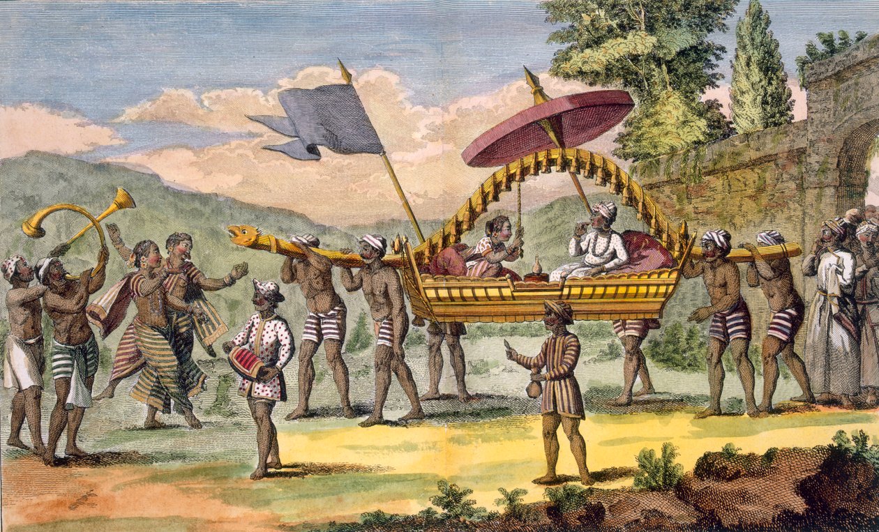 Nygift par bliver ført ud på en promenade i en palanquin med musikere som ledsagere, illustration fra "Voyage aux Indes et a la Chine", graveret af Poisson, 1782 (farvestik) af Pierre Sonnerat