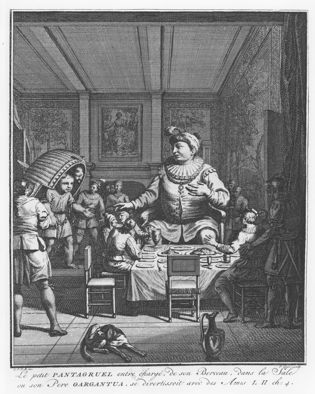 Gargantua ser sin søn Pantagruel bære sin krybbe, illustration fra 