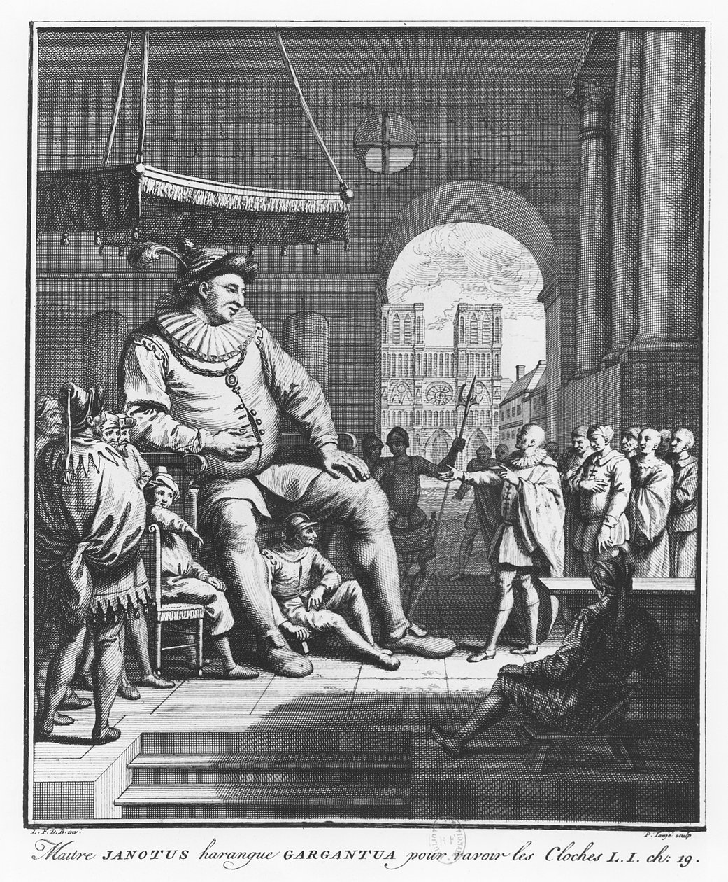 Mester Janotus besværger Gargantua for at give klokkerne tilbage, illustration fra 