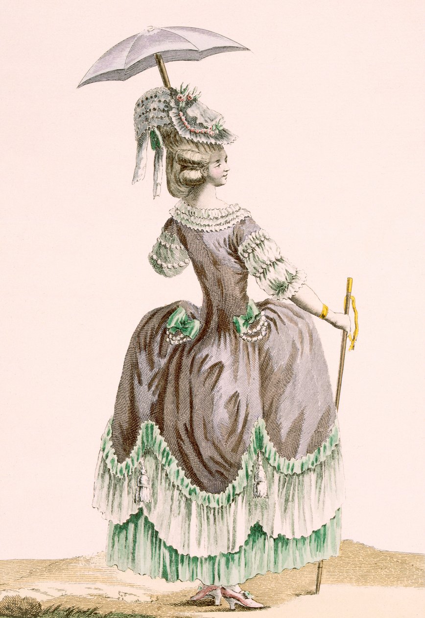 Rygbillede af grå promenadekjole til damer, graveret af Dupin, plade nr. 38 fra "Galeries des Modes et Costumes Francais", ca. 1778-87 af Pierre Thomas Le Clerc