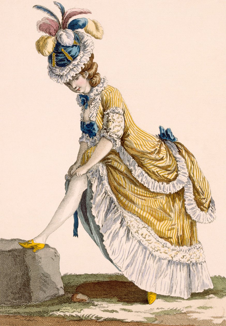 Dame trækker sin strømpe op, graveret af Le Beau, plade nr. 1 fra "Galeries des Modes et Costumes Francais", ca. 1778-87 af Pierre Thomas Le Clerc