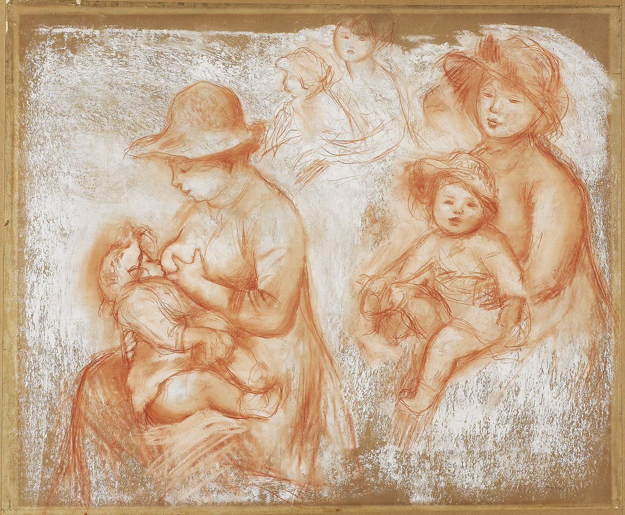 Studier af mor og barn, ca. 1885 (rødt og hvidt kridt på bramfrit bindet papir) af Pierre Auguste Renoir