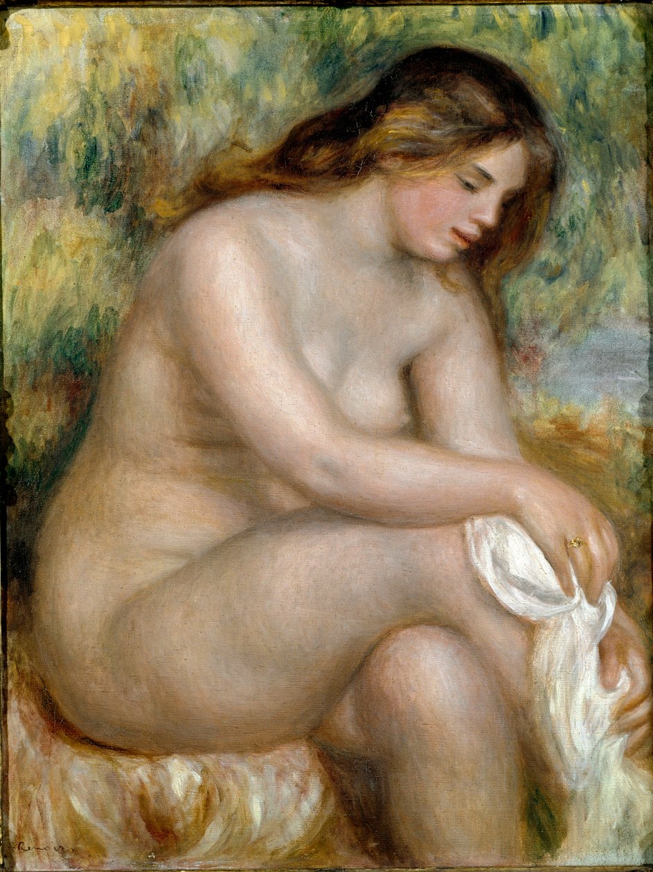 Sidder nøgen (badende tørrer sit ben) af Pierre Auguste Renoir