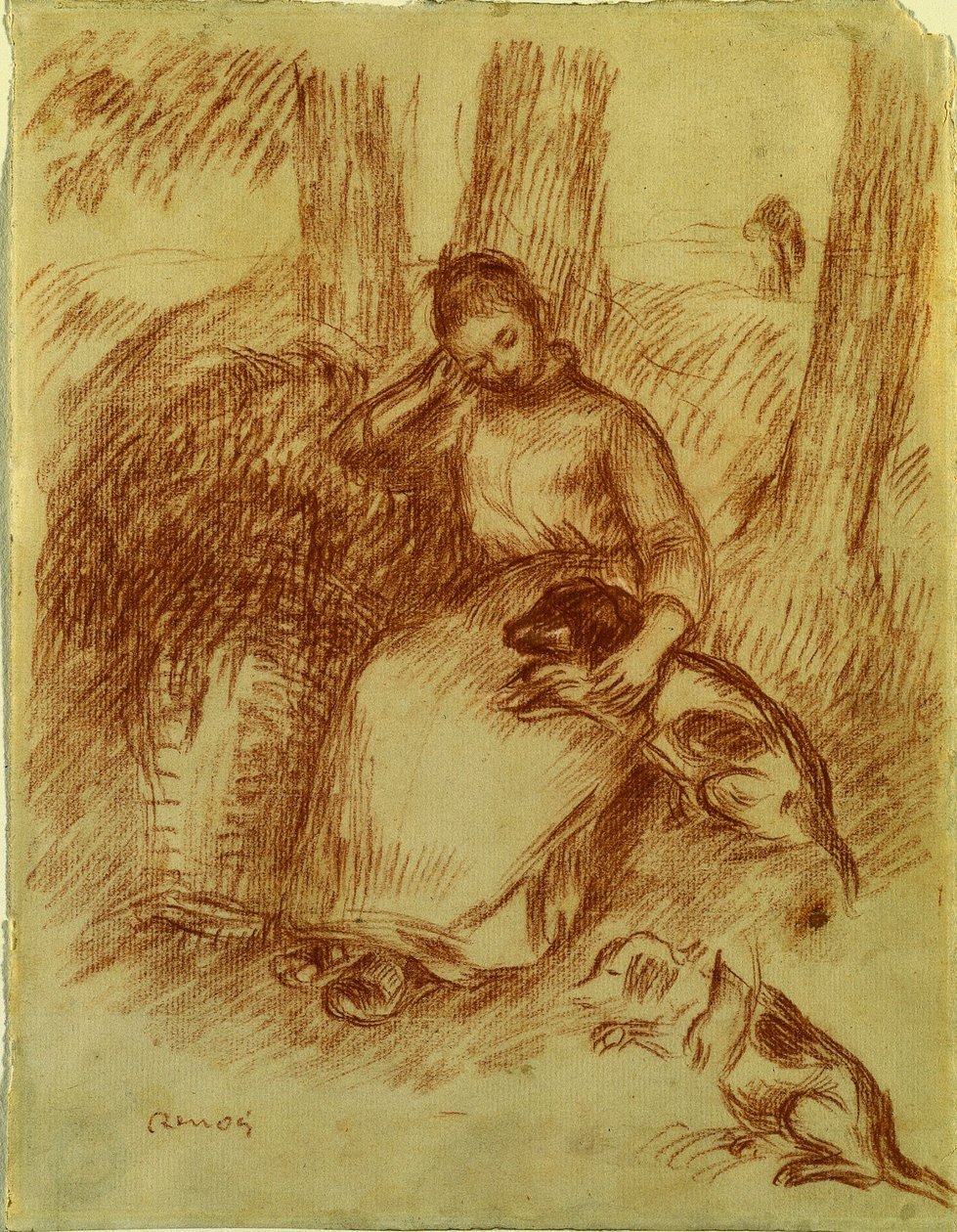 Bondepige med hund, ca. 1894. af Pierre Auguste Renoir