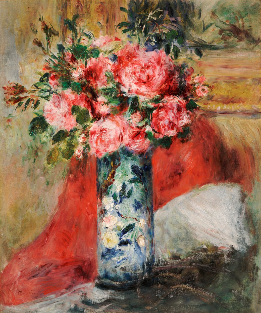 Roser og pæoner i en vase af Pierre Auguste Renoir