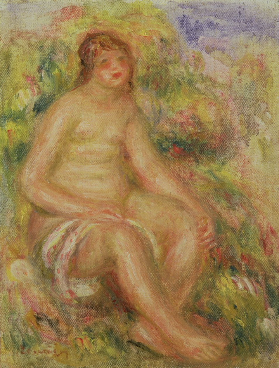 Siddende nøgen i landskab af Pierre Auguste Renoir