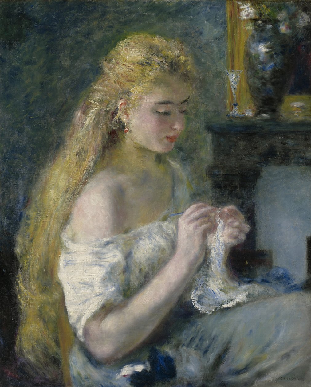 Kvinde hækler, c.1875 af Pierre Auguste Renoir