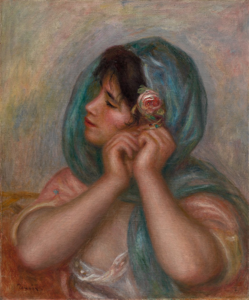 Ung kvinde arrangerer sin ørering af Pierre Auguste Renoir