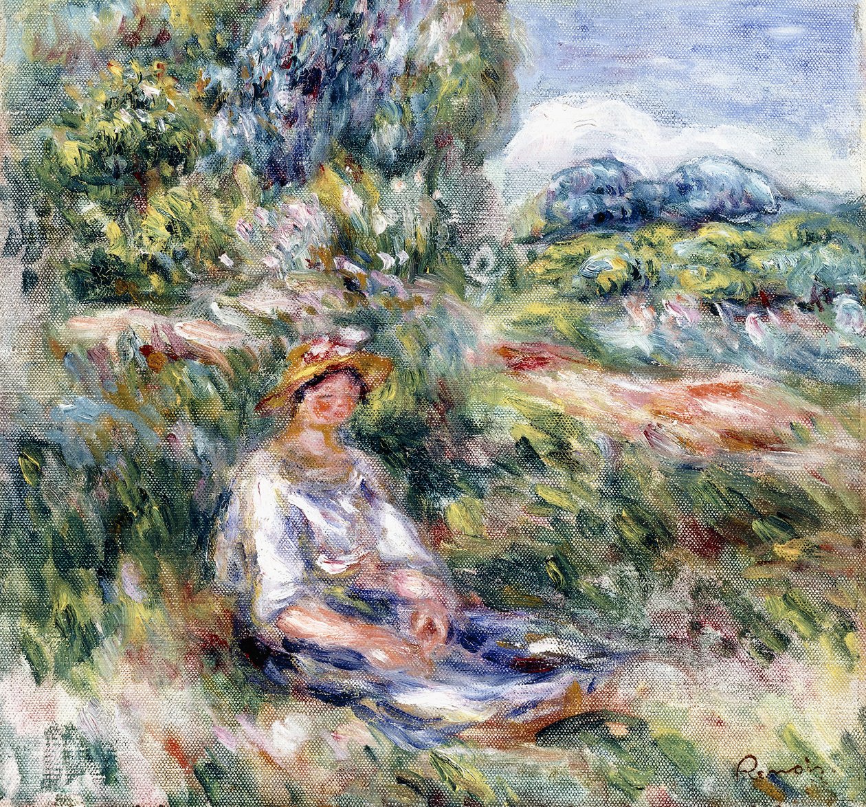 Ung kvinde sidder på en eng, af Pierre Auguste Renoir