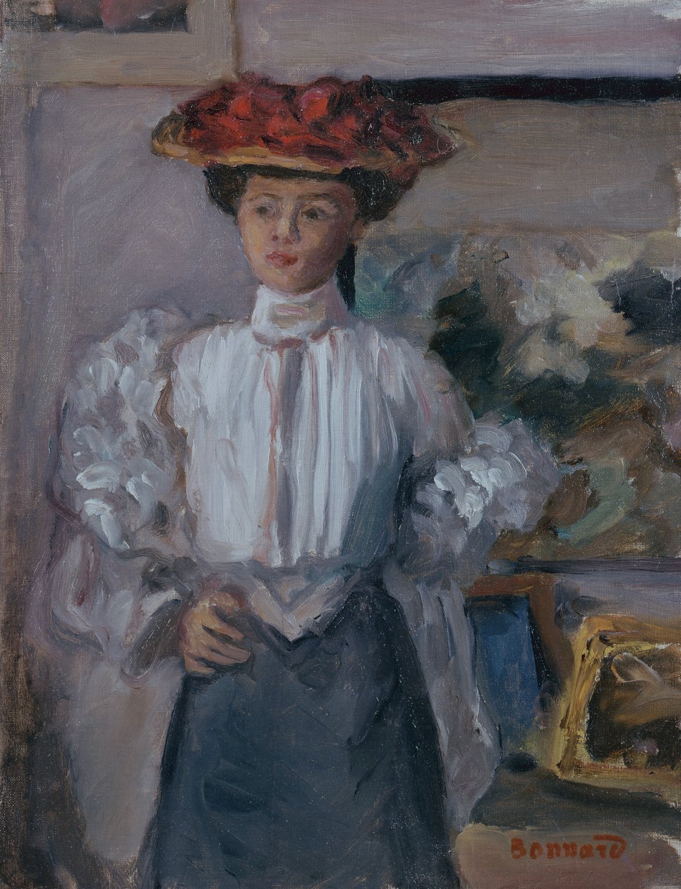 Pige med en hat (olie på lærred) af Pierre Bonnard