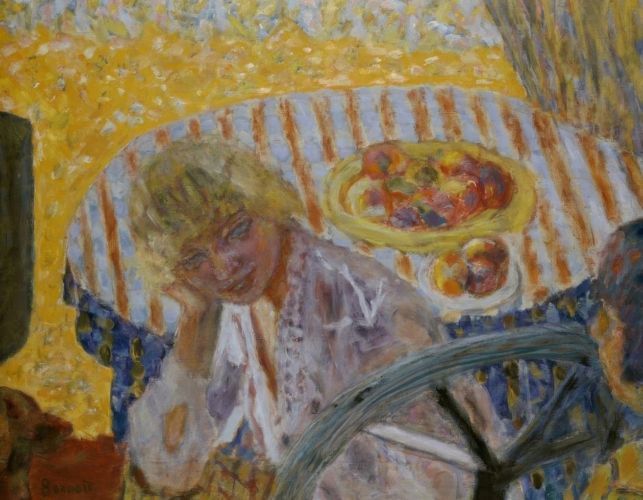 Ung kvinde med stribet dug af Pierre Bonnard