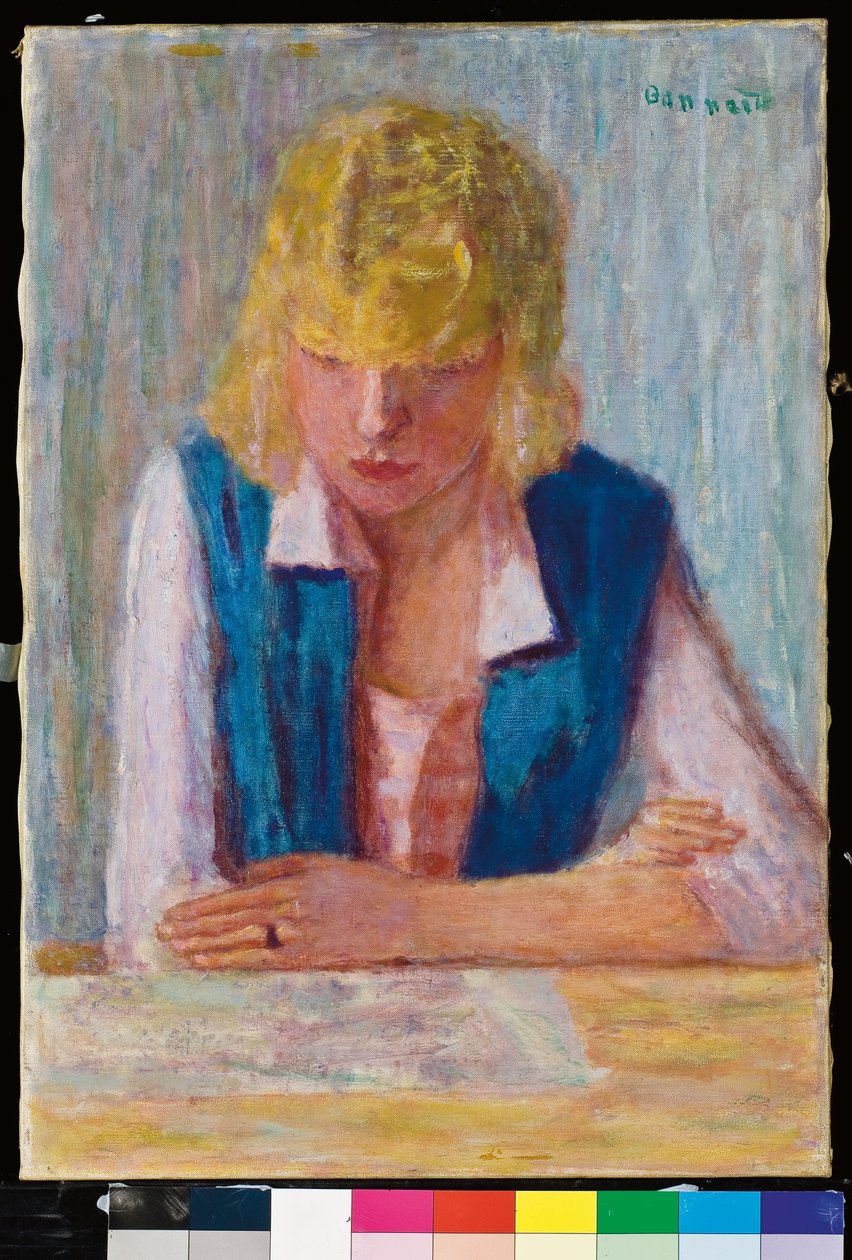 Blondinen i den blå vest af Pierre Bonnard