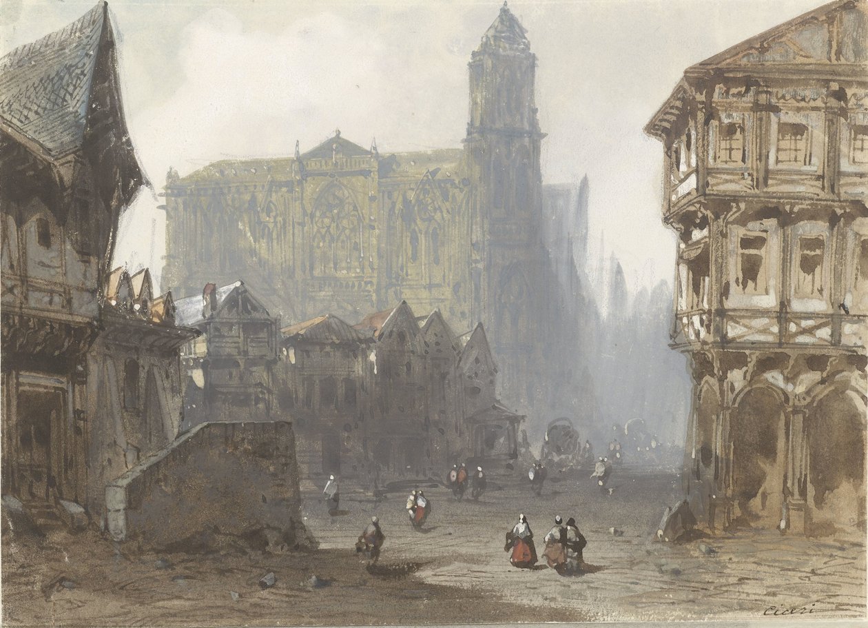 Den gamle markedsplads i Rouen af Pierre Luc Charles Ciceri
