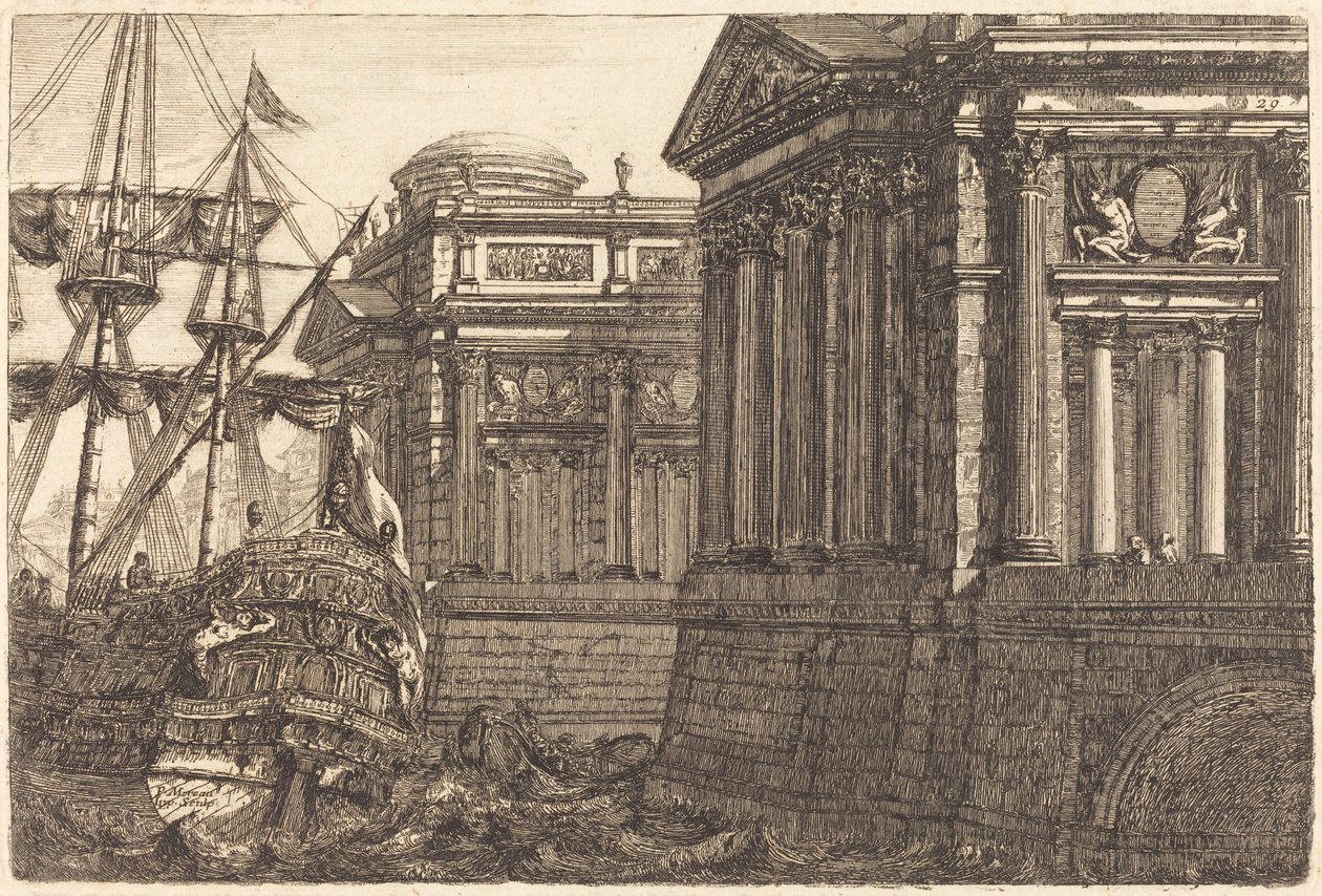 Imaginær havnescene af Pierre Moreau