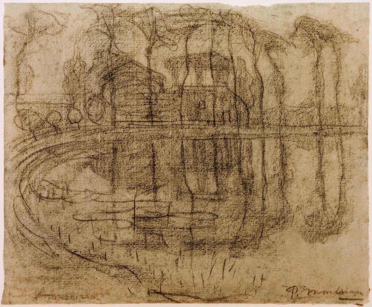 Stuehus med træer ved vandet af Piet Mondrian