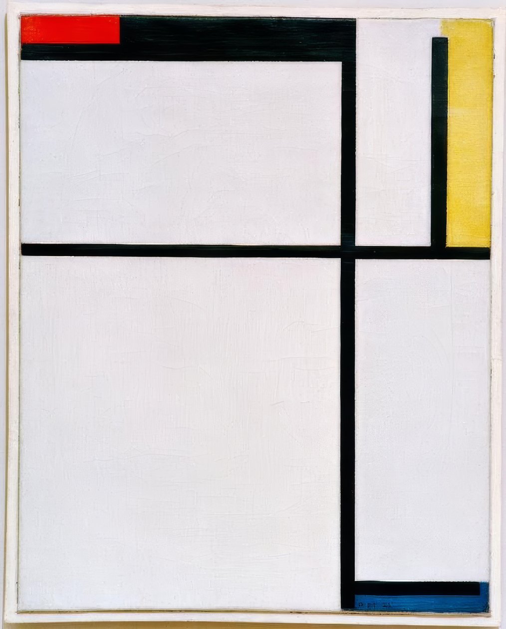 Sammensætning med rød, sort, gul, blå og grå af Piet Mondrian