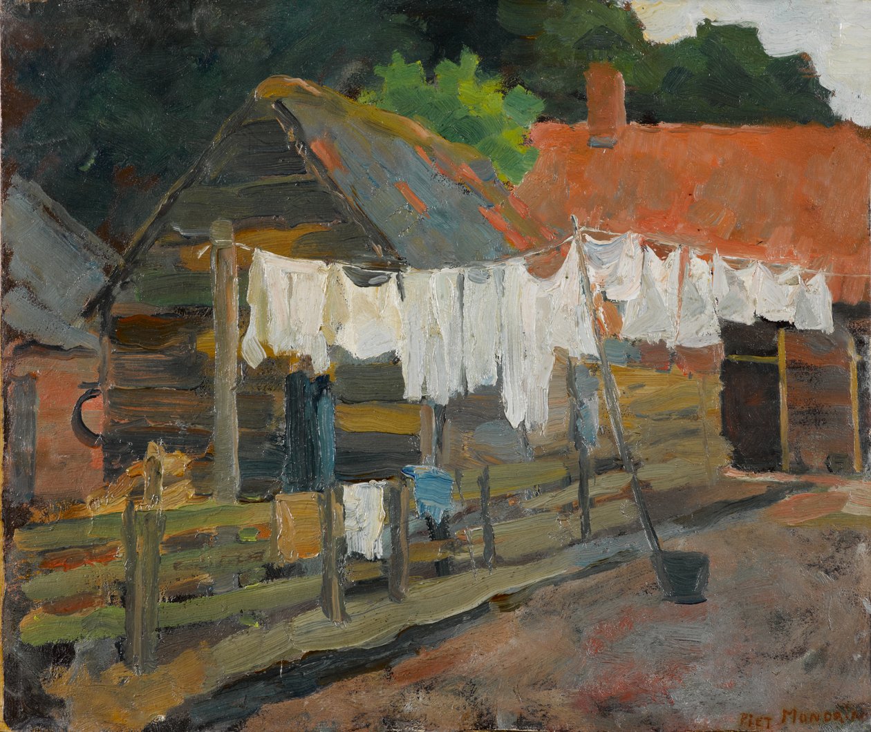 Bondehus med vask på linen, ca. 1898 (olie på pap) af Piet Mondrian