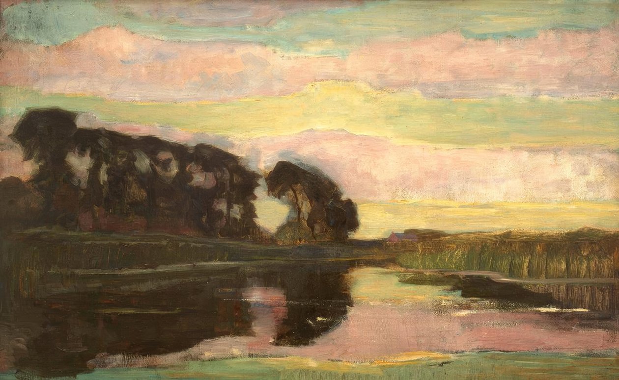 Flodlandskab med en lyserød og gulgrøn himmel af Piet Mondrian