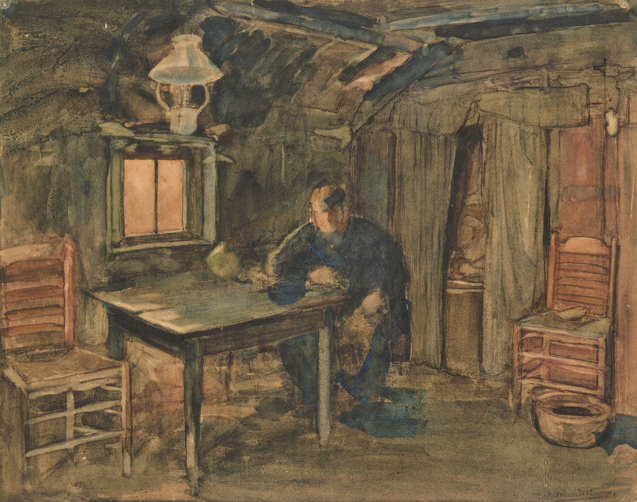 Hannes Van Nistelrode siddende i sit bondehus, 1904 (wc på papir) af Piet Mondrian