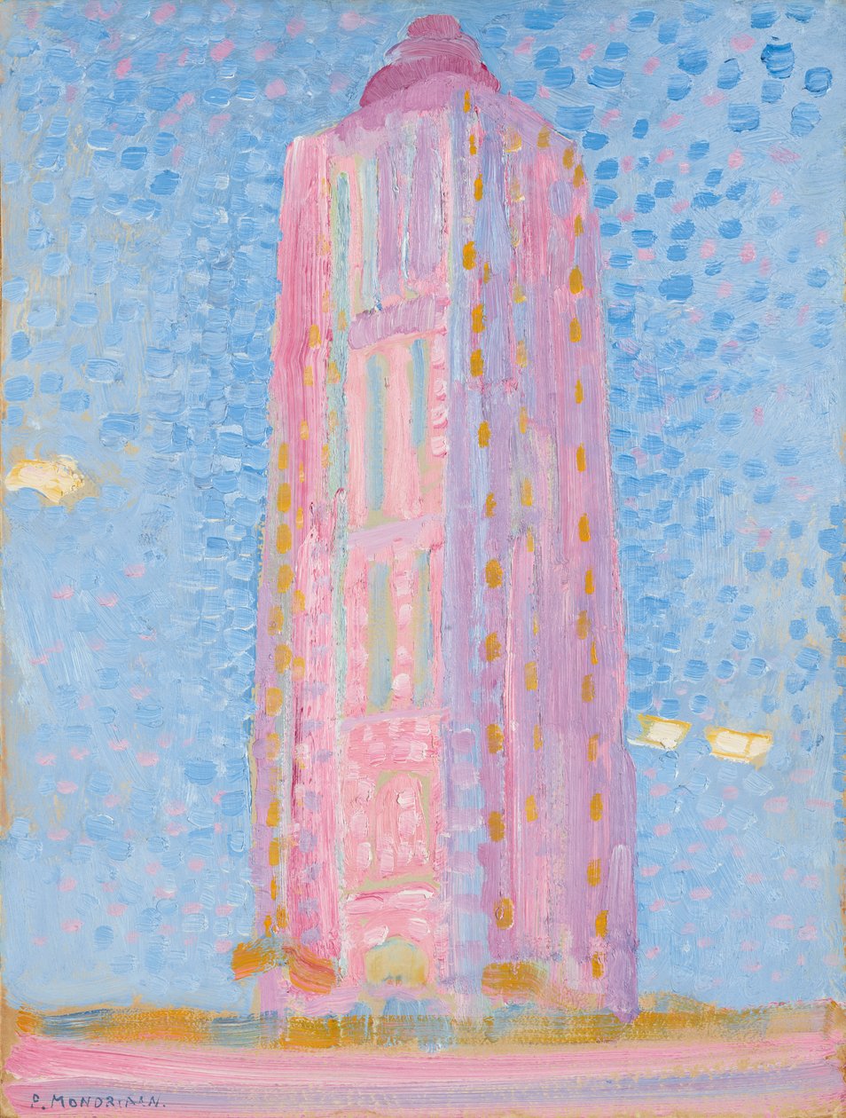 Fyrtårnet ved Westkapelle i lyserødt, 1909 (olie på karton) af Piet Mondrian