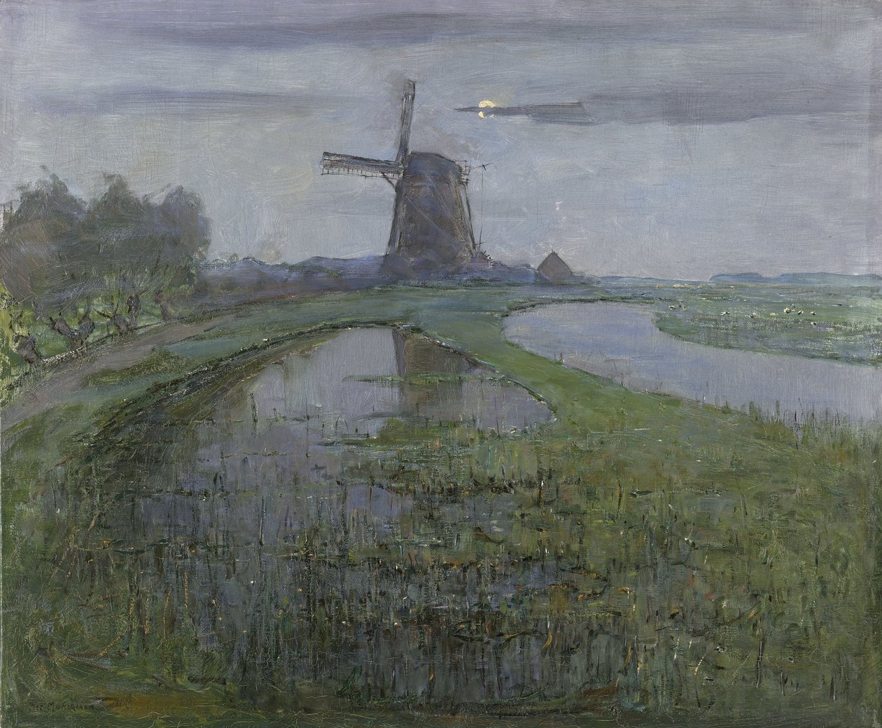 Oostzijdse Mølle langs floden Gein ved Moonlight af Piet Mondrian