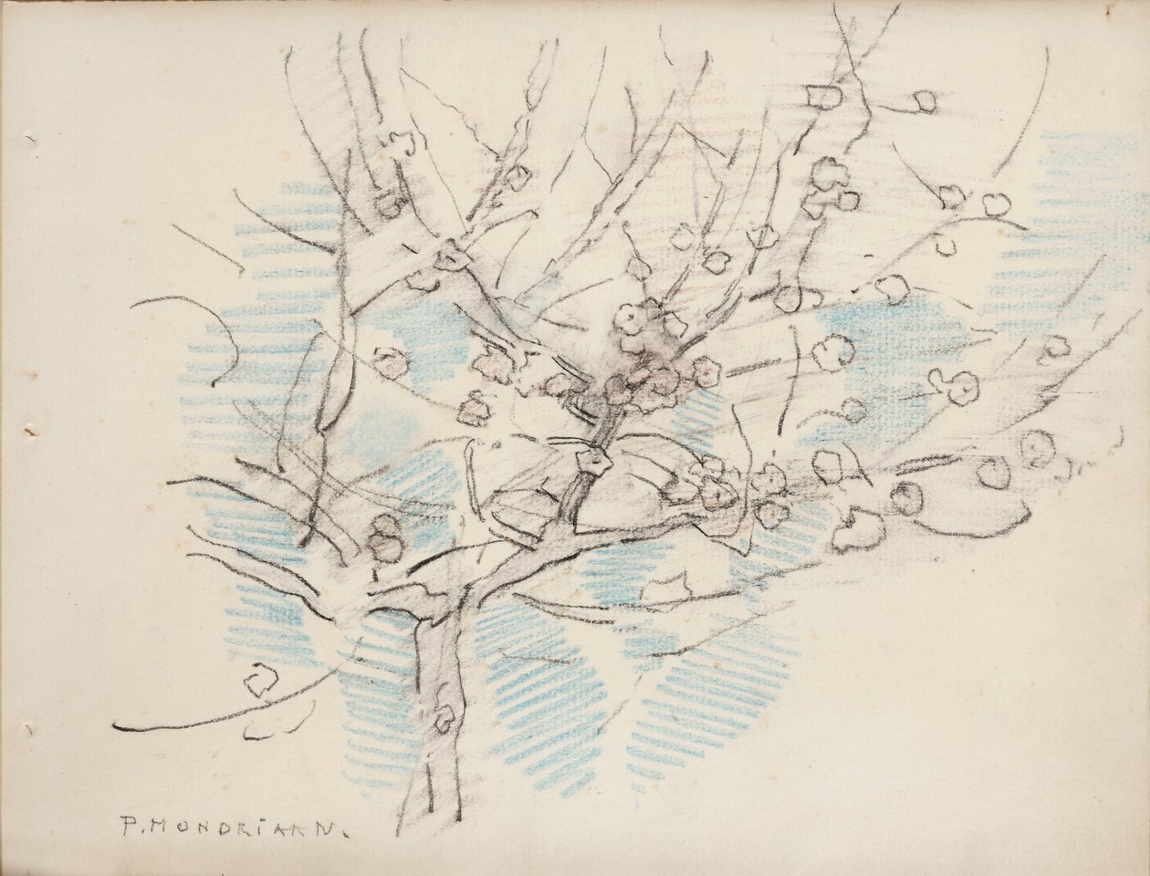 Blomstrende træ, ca. 1917-18 (blyant og farveblyant på papir) af Piet Mondrian