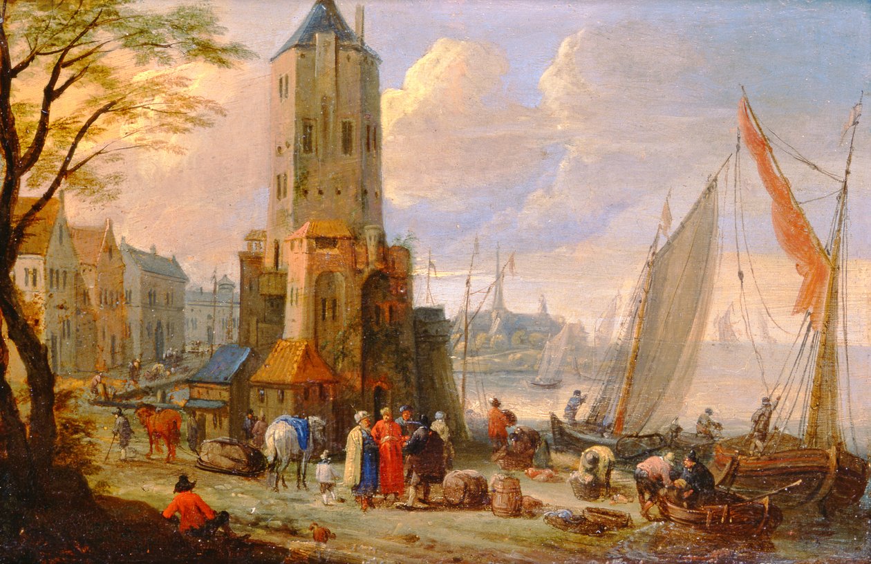 Figurer og både i en hollandsk havn af Pieter Bouts
