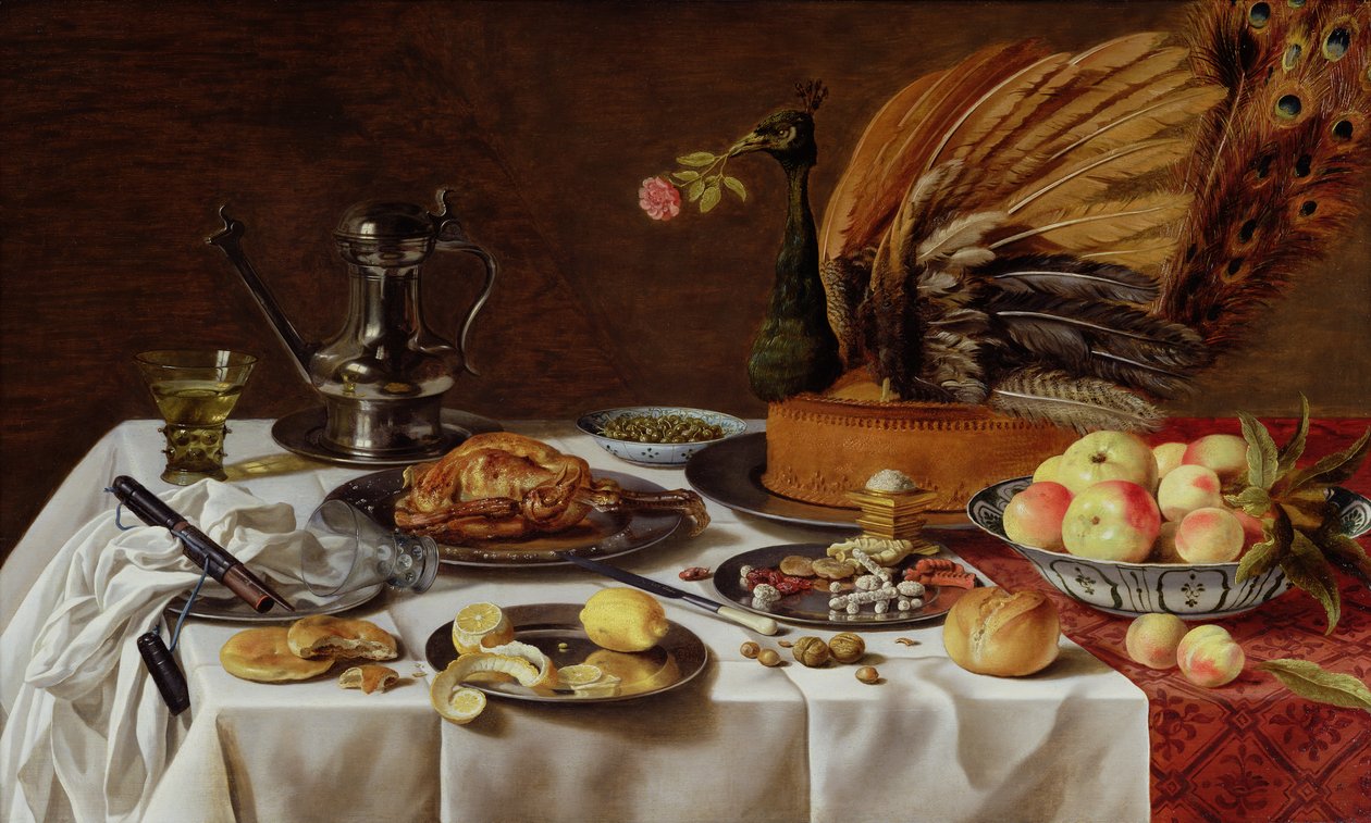 Stilleben med en påfugltærte, 1627 af Pieter Claesz