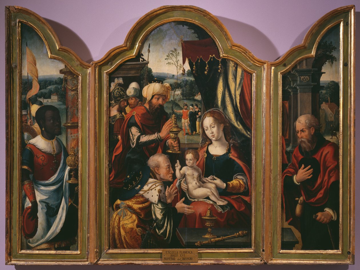 Tilbedelse af Magi, Epiphany Triptykon, ca. 1540 (se også 345853) af Pieter Coecke van Aelst