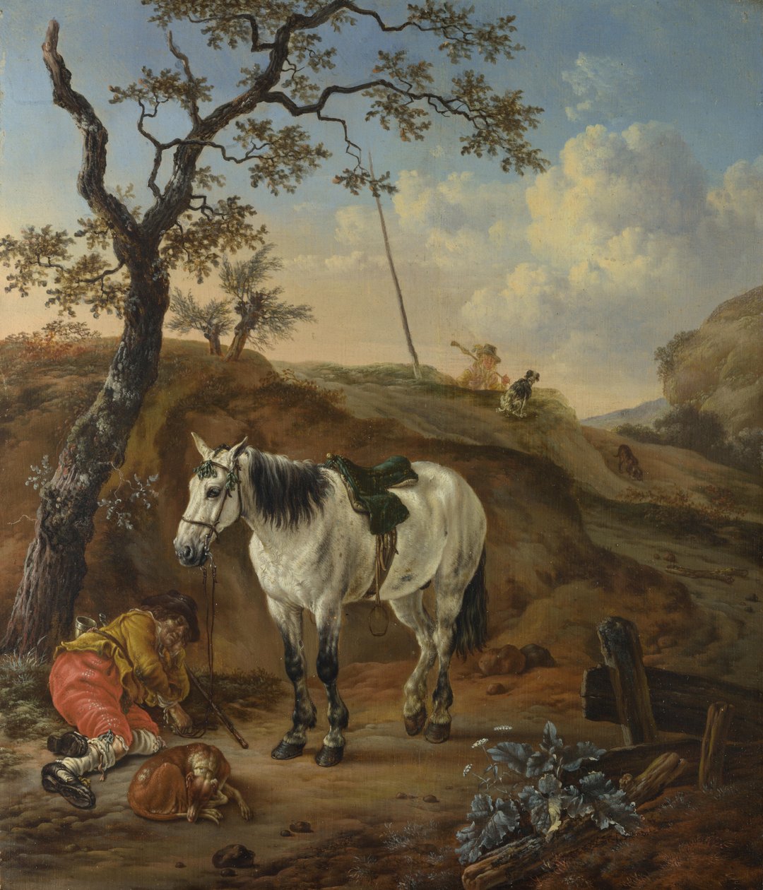 En hvid hest, der står ved en sovende mand af Pieter Cornelisz. Verbeeck