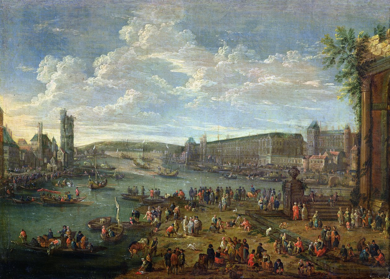 Udsigt over Louvre og Tour de Nesles fra Ile de la Cite, ca. 1673-74 af Pieter II Casteels