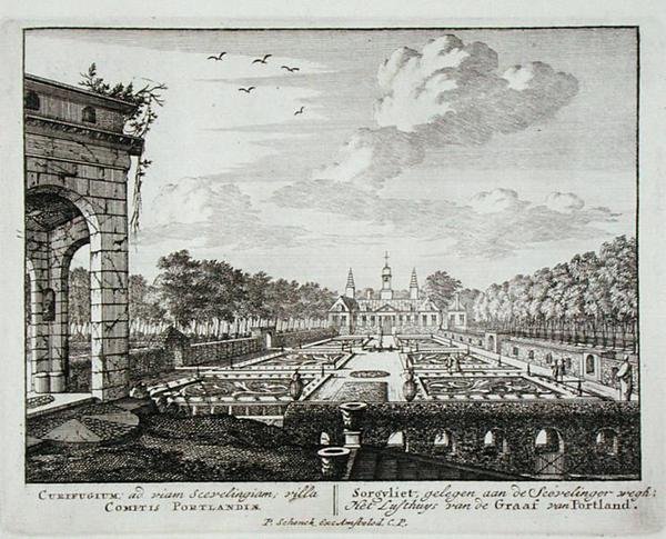 Huset og haven ved Sorgvliet, sæde for Hans Willem Bentinck (1649-1709), 1. jarl af Portland, fra Admirandorum Quadruplex Spectaculum, af Jan van Call (1656-1703), udgivet før 1715 (engravi) af Pieter Schenk