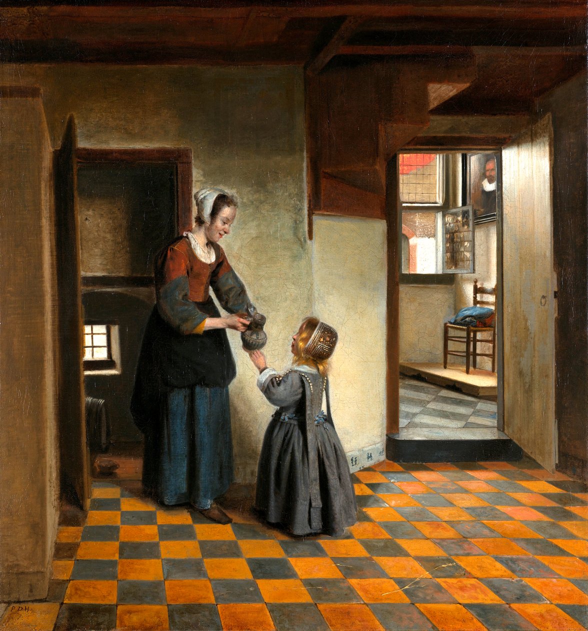 En kvinde med et barn i et spisekammer af Pieter de Hooch