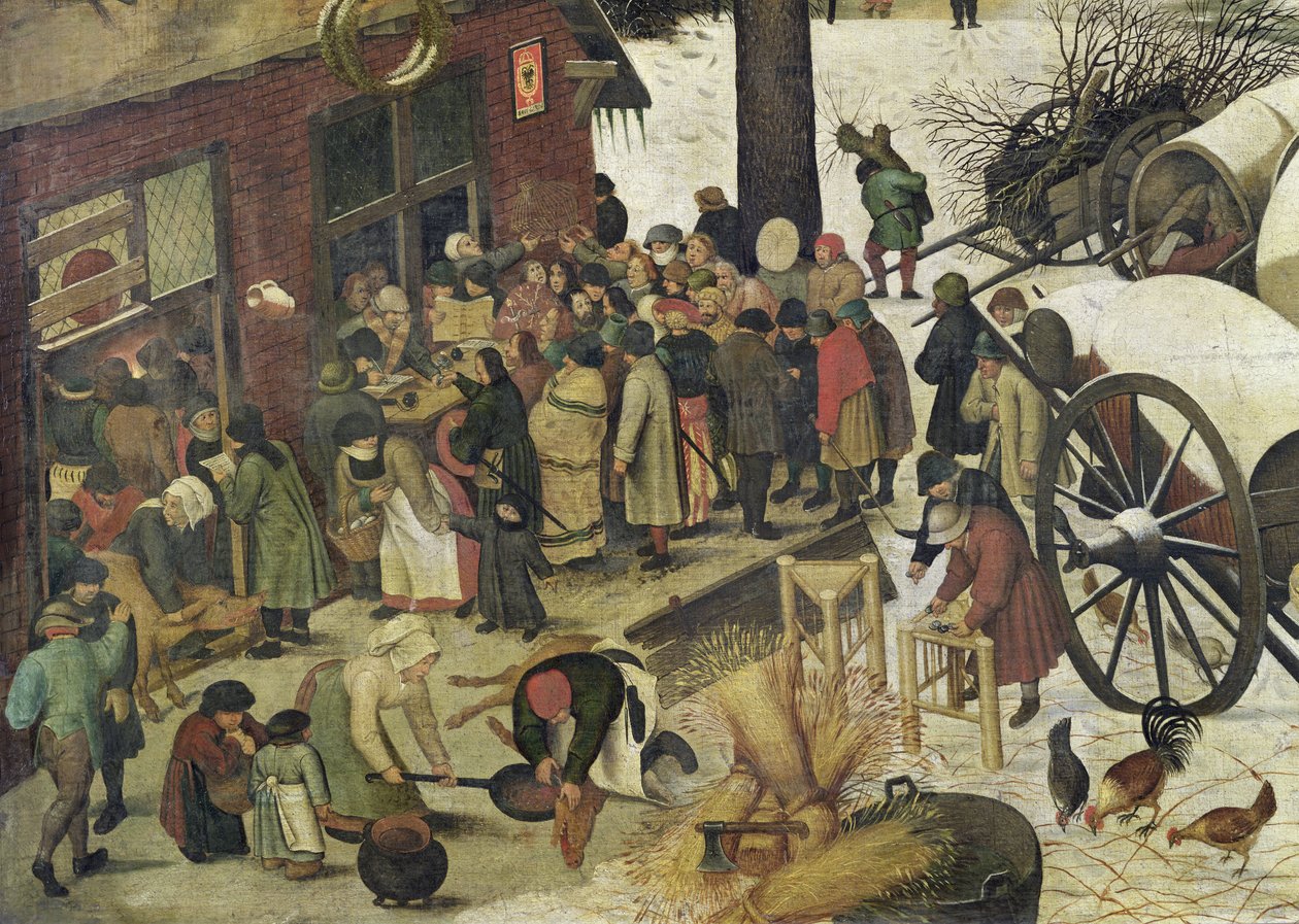 Folketællingen i Betlehem, detalje fra skattekontoret olie på lærred af Pieter Bruegel the Elder