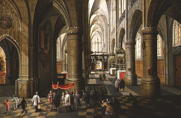 Det indre af en katedral med procession af Pieter the Younger Neeffs