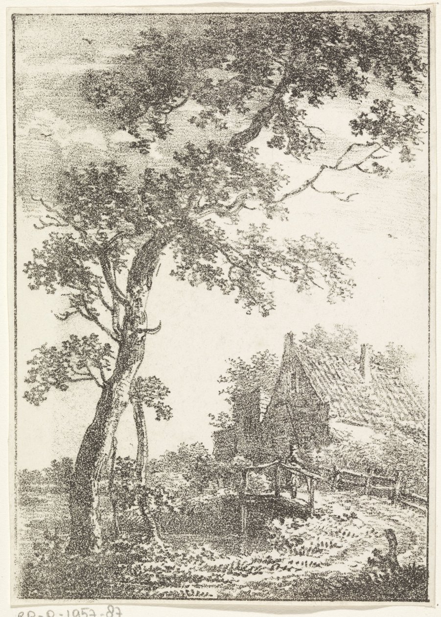 Landskab med træ, bro og hus af Pieter Bartholomeusz. Barbiers