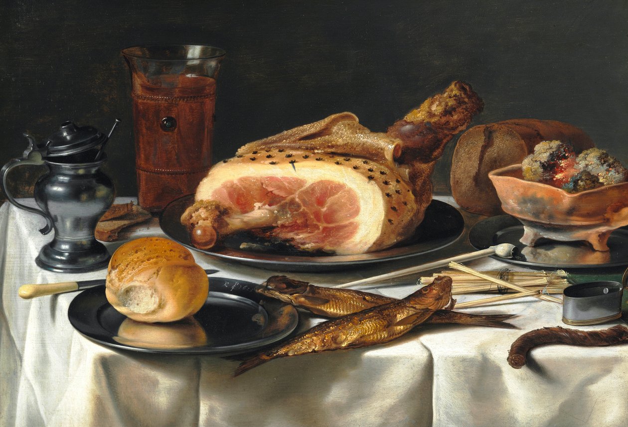 Stilleben med skinke, 1625. af Pieter Claesz